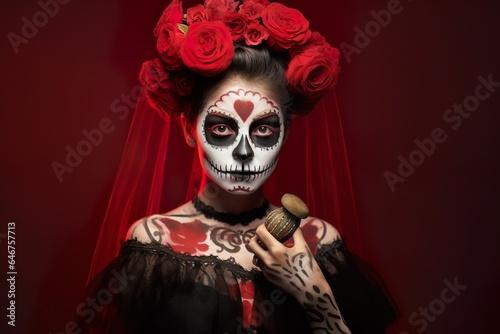 Portrait of Mexican Catrina in Sugar skull makeup with roses on head for celebrationof day of dead Dia de los muertos 