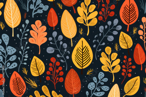 autumn themed vintage hand drawn sketch illustrated pattern in red/orange/browns with leafs/foliage and dark background for card/stationary/journal/cover/poster design