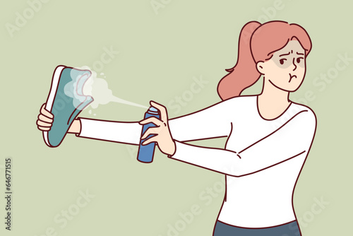 Shoe disinfectant spray in hands of woman trying to get rid of bad smell caused by foot fungus. Shoe cleaning and sanitizing process to avoid spread of harmful microbes caused by foot sweating