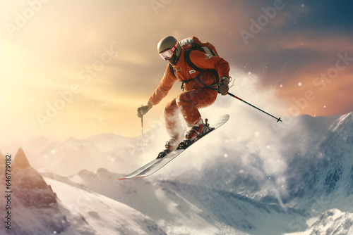 Skier jumping in the snow mountains on the slope with his ski and professional equipment on a sunny day. Jumping skier skiing. Extreme winter sports on mountain. Generative AI
