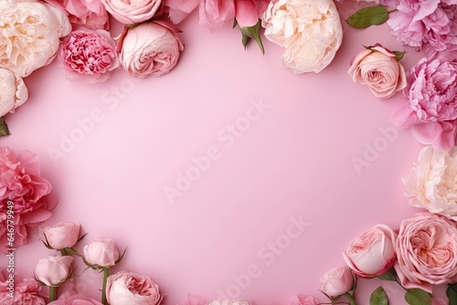 Peonies, roses on pink background with copy space. Abstract natural floral frame layout with text space. Romantic feminine composition. Women day, Mother Day, Generative AI