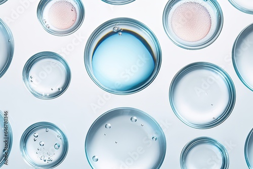Many laboratory glass petri dish with drop of water, serum, oil, beauty product. Natural medicine, cosmetic research, bio science pattern. Concept of skincare, analysis. Dermatology. Generative AI