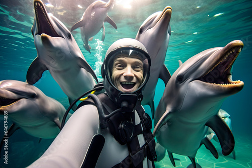 scuba diver taking a selfie picture with a group of dolphins. Environmental protection concept