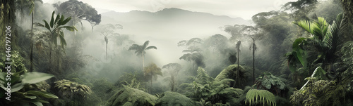 panorama of the rainforest tree tops in the fog.