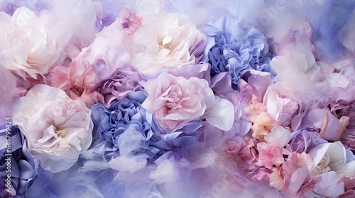 Flowers out of ice evaporating into a soft smoke,. Blooms dissolving into a gentle mist. Pastel colors in winter blue, pale pink and white. Seasonal feeling, concept of transformation, different stade