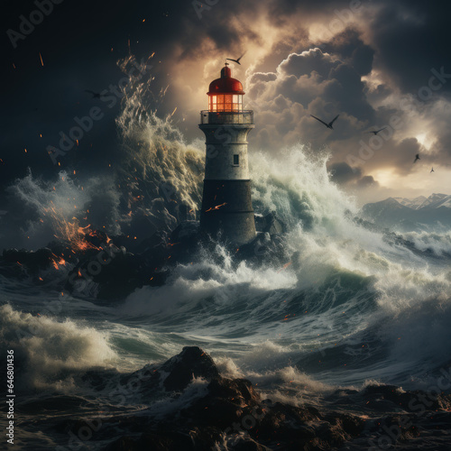  A lighthouse perched on a cliff overlooking a stormy 