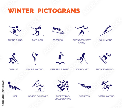 Summer sports icons. Vector isolated pictograms on white background with the names of sports disciplines. Games and sport