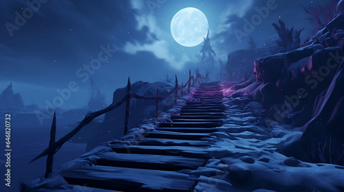 Enchanting Snowy Staircase in Moonlit Night