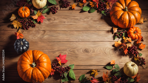 Autumn Thanksgiving background, pinecones, pumpkins, and leaves on a rustic table, top view, winter supplies, website header with copyspace, fall season crops gathered in a basket, Generative A.I,