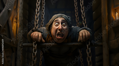 Caricature of a scared medieval peasant chained up in a dark torture chamber