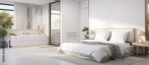 a king-size bed in a white bedroom corner with a small bathroom in the background.