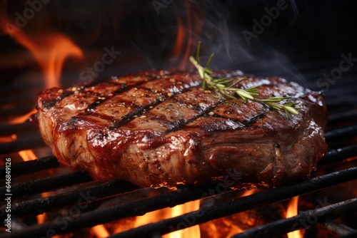 Generative ai of a perfectly grilled ribeye steak sizzling on a hot barbecue grill.