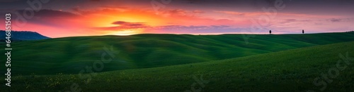A dreamy landscape at the sunset, banner image with copyspace