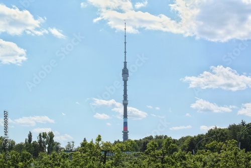 Summer view of Ostankino tower from Botanical garden in Moscow, Russia. VDNH landscape. Eco tourism concept. 