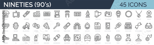 Set of 45 outline icons related to 90s, nineties. Linear icon collection. Editable stroke. Vector illustration