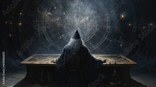 rear view of one astrologer in dark. Stargazer and Astrology.