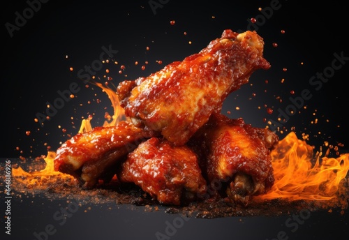 Chicken wings with hot sauce topping and fire on black background