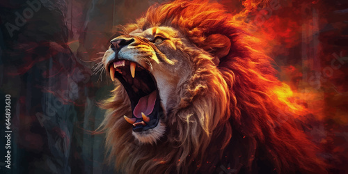 Lion Roaring. Terrible. Head of Lion with a fiery mane. The majestic King of beasts with a flaming, blazing mane. Regal and powerful. Wild animal. Ferocious Roar. Fire backgrounds. 3d digital art