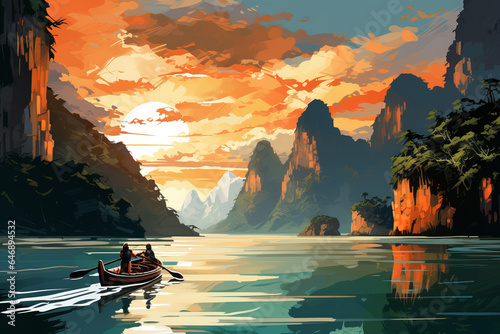 vector art of Travelers on the boat enjoy nature,Thailand, beautiful Asian holiday destinations.generative ai