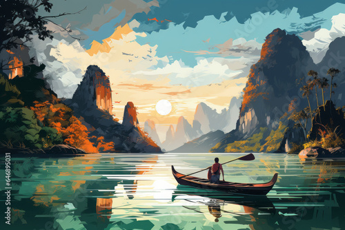 vector art of Travelers on the boat enjoy nature,Thailand, beautiful Asian holiday destinations.generative ai