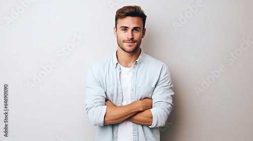 man standing over a white background with a happy face and crossed arms looking at the camera