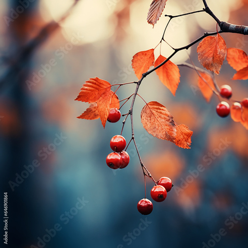 Moody autumnal dry tree leaves with red wild berries on blurred background. Natural and organic october background. Autumn season
