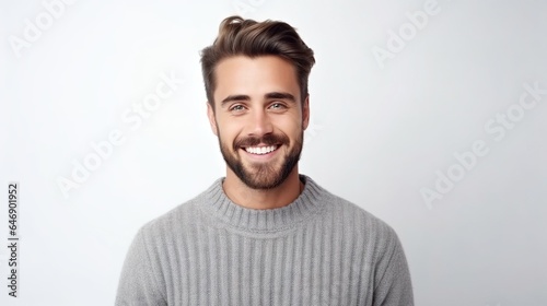 portrait of a smiling man with winter season on white background