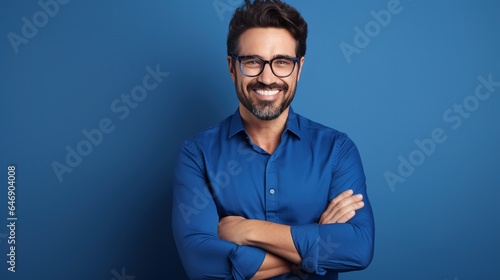 Portrait of a man on blue studio background. generative ai