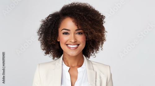 Smiling black woman in portrait on a lone white background. An alluring young African American woman in close-up, gazing into the camera