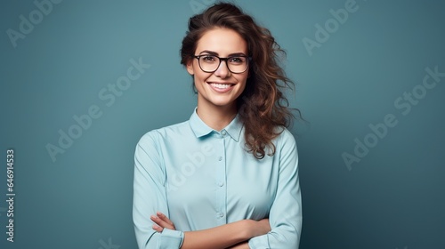 cheerful entrepreneur is making with her arms folded. Standing young Hispanic female business entrepreneur 