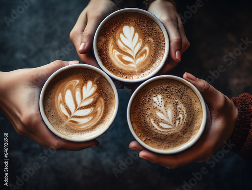 Human hands holding cups of coffee with latte art