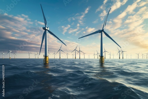 Floating wind turbines installed in sea.