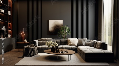 contemporary interior design with dark walls and vertical slats panel.