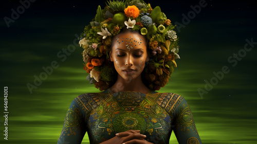 women in a wreath of flowers showing concept of ayurveda