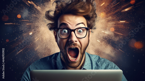 Excited man using laptop, joyful surprised expression after receiving good shocking news