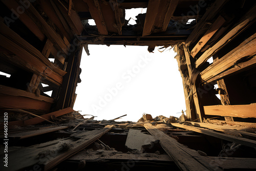 wreckage site. old abandoned wood hole. building ruins. transparent PNG. twisted metal, wood and wires.
