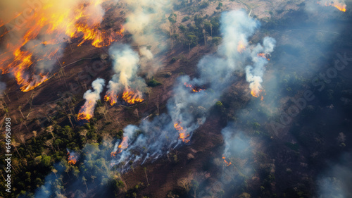 Aerial view of burning forest in the morning. The concept of natural disaster.
