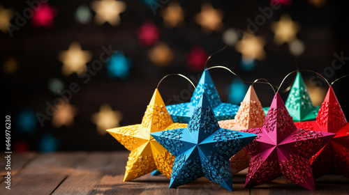 fondos navideños multicolores para tarjetas e invitaciones con tematica mexicana, estrellas de picos piñatas y luces brillantes de fondo 