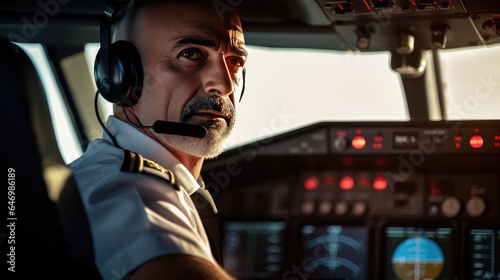 Close-up portrait of a pilot in the cockpit of an airplane