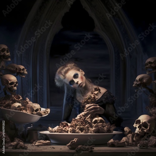 The sin gluttony in the form of a woman, feasting on the souls and bones of the damned