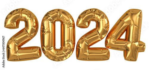 New Year 2024 design element. Isolated inflated golden balloon numbers. 3D rendering.