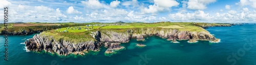 Panorama of Cliffs and Fields over Porthclais from a drone, St Davids, Haverfordwest, Wales, England