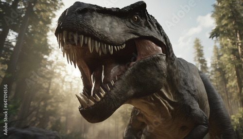Dinosaur: Tyrannosaurus rex with powerful jaws open, ferocious might of the t-rex