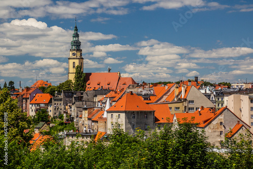 View of the old town in Bystrzyca Klodzka with Saint Michael Archangel church, Poland