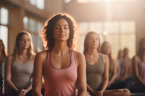 Group of young women practicing yoga in a gym. Healthy lifestyle concept. created by generative AI technology.