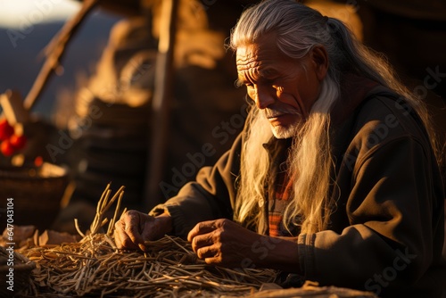 Member of the Cherokee tribe crafting a traditional basket, passing down ancestral skills, Generative AI