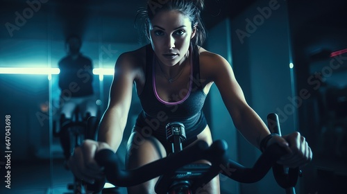 Adult woman is engaged on cardio exercise machine taking care of health. generative AI
