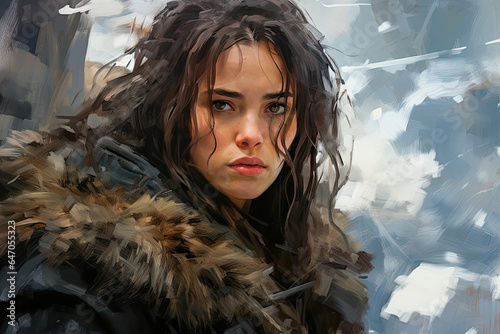 Digital art of a young woman looking intently, dressed in medieval huntress winter garb, set against a wooded background