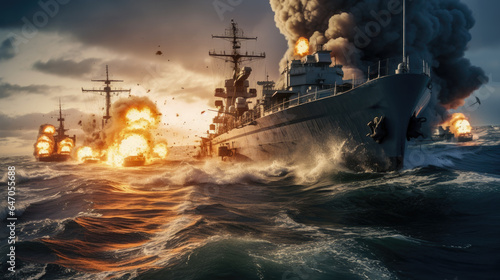 War in the open ocean, marked by battleships, fire, and intense naval operations