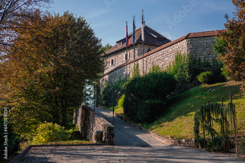 Overview of Lasko castle, rising above the city. Old castle in early morning sunlight, visible main entrance and its general building.